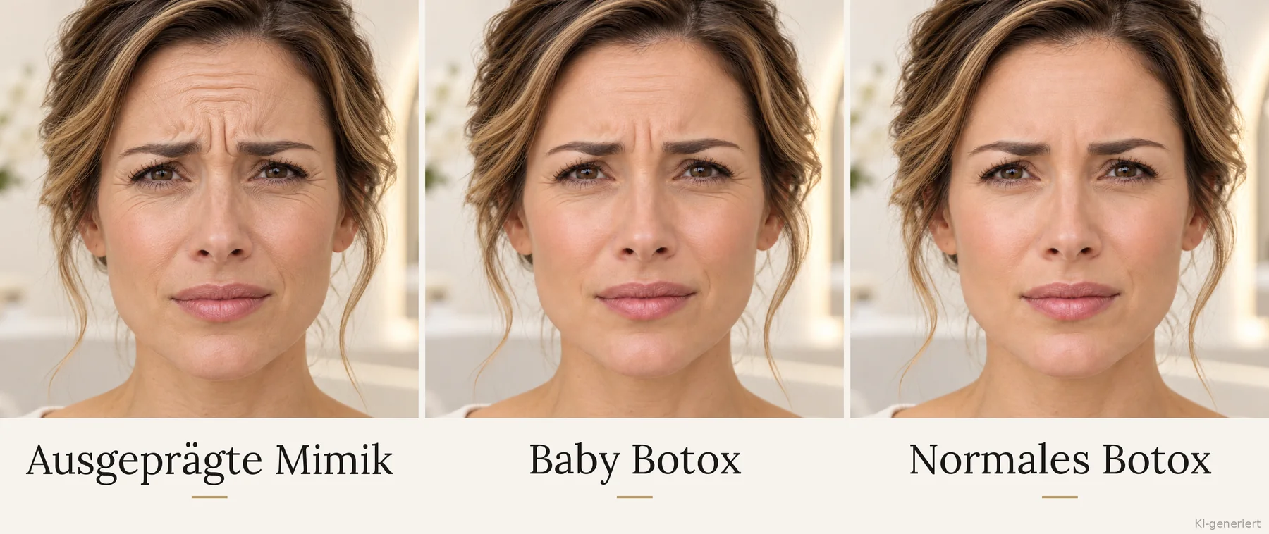 Schematische Darstellung der Mimik: ausgeprägte Mimik, Baby Botox und normale Dosierung im Vergleich