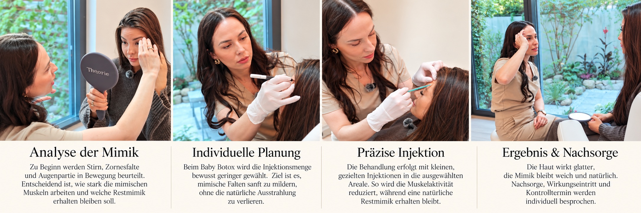Ablauf der Baby-Botox-Behandlung bei LIMEA in vier Schritten: Analyse der Mimik, individuelle Planung, präzise Injektion, Ergebnis und Nachsorge