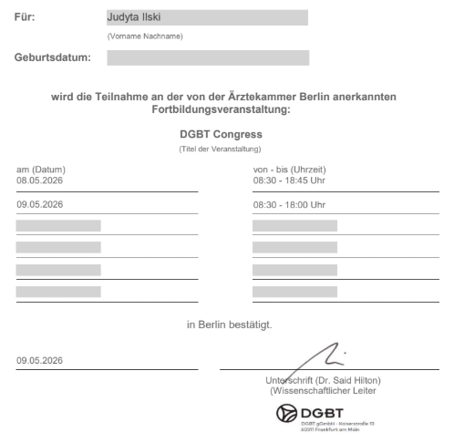 Fortbildungszertifikat der Deutschen Gesellschaft für Ästhetische Botulinumtoxin-Therapie (DGBT)