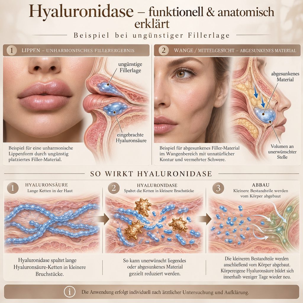 Hyaluronidase erklärt: ungünstig liegender Filler an Lippen und Wange und wie das Enzym Hyaluronsäure abbaut