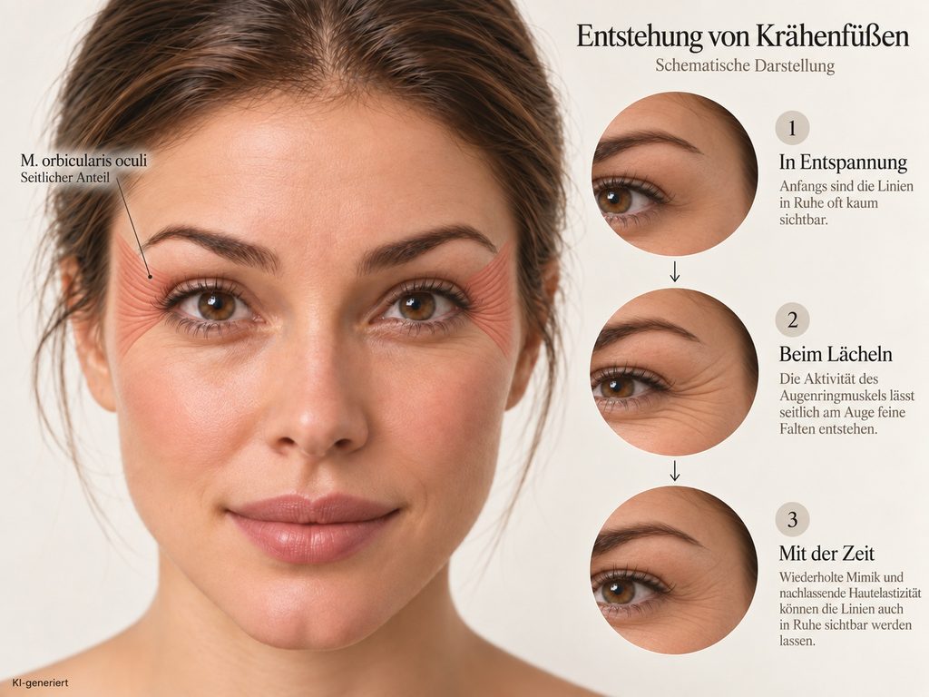 Entstehung von Krähenfüßen durch die Aktivität des seitlichen Augenringmuskels