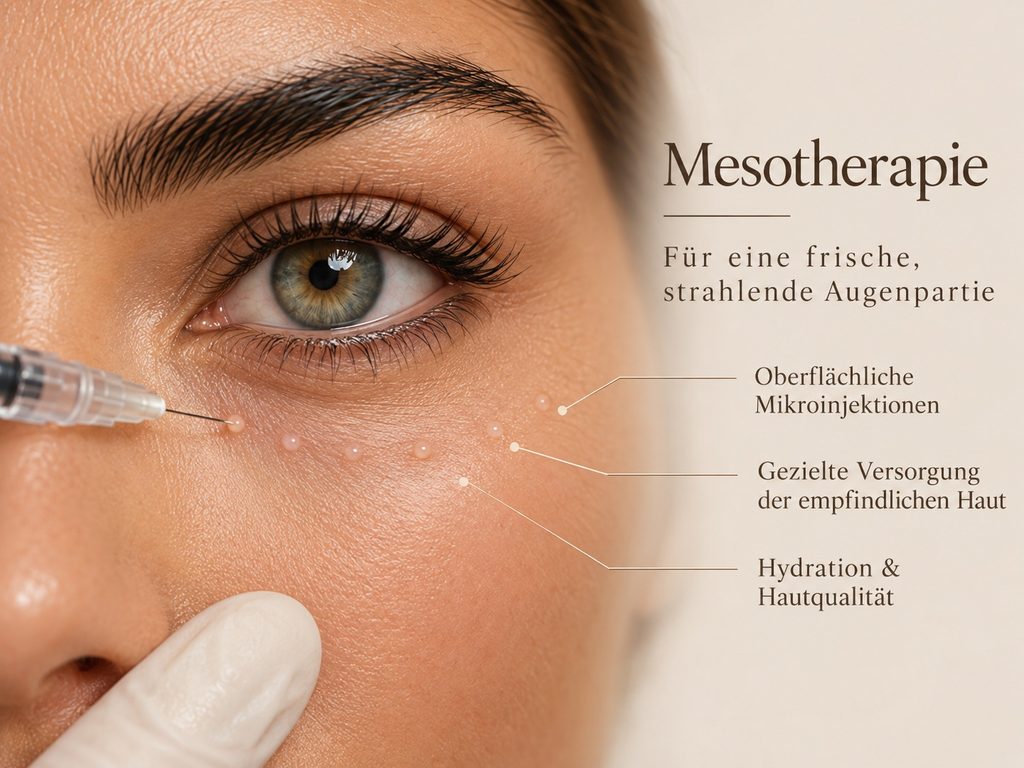 Mesotherapie an der Augenpartie: feine Mikroinjektionen unter dem Auge