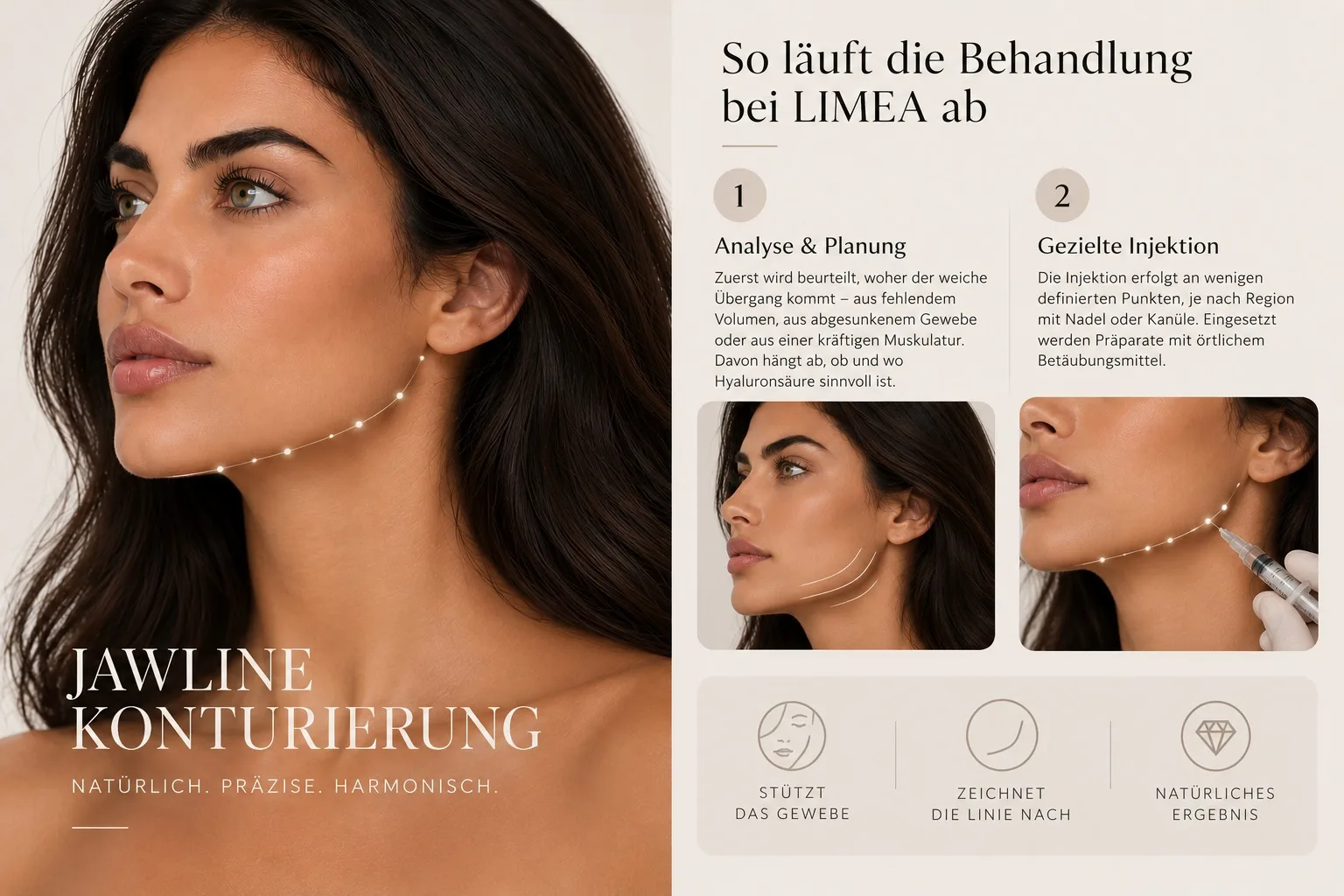 Ablauf der Jawline-Behandlung bei LIMEA: Analyse der Kieferlinie und gezielte Injektion von Hyaluronsäure